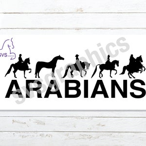 May include: Black and white silhouette image of five Arabian horses with riders. The text "Arabians" is below the horses.