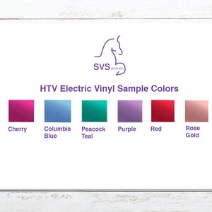 Op de afbeelding: HTV Electric Vinyl kleurstalen in kers, Columbia blauw, pauwblauw, paars, rood en roosgoud.