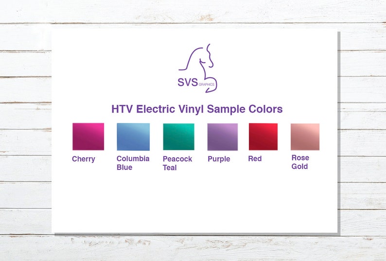 Op de afbeelding: HTV Electric Vinyl kleurstalen in kers, Columbia blauw, pauwblauw, paars, rood en roosgoud.