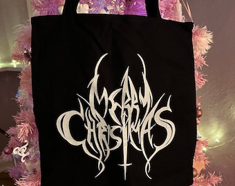 Merry Christmas Metal Logo Cloth Bag Black White