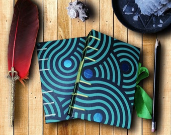 Handmade Artists Sketchbook with Green & Black Swirls, Blue or Green Ribbon Fastening, Abstract Design, Creative's Pocket Journal