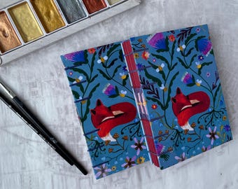 Handmade Folk Art Red Fox Sketchbook with Decorative Coptic Spine