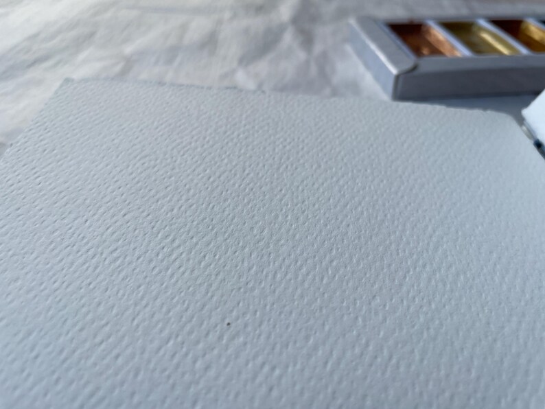 May include: A close-up of a textured, light blue watercolor paper with a deckled edge. A small, silver metal palette with metallic watercolor paints is in the background. The paper has a subtle, dimpled surface.