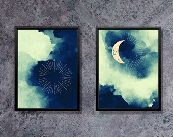 Humeurige zon en maan downloadbare posters, donkere wolken en lucht aquarel 2-delige kunst aan de muur | Humeurige set digitale prints