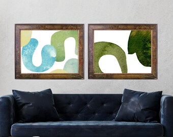 Horizontale minimalistische abstracte natuurmuurkunstset van 2, groene en blauwe aquarelvormen digitale posters | Fling-set downloaden