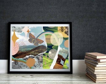 Collage de paisaje horizontal, gráfico de decoupage de mariposas e insectos, arte de pared imprimible para vivero / conjunto de impresión digital gratuita