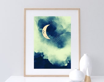 Arte de pared imprimible de luna creciente, cartel de acuarela de subida de luna de nubes oscuras / impresión de arte digital de luna cambiante