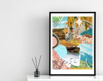 Landschapscollage, vogels en regenbogen Scrapbook grafisch, Boho afdrukbare muurkunst | Vliegende gratis digitale print