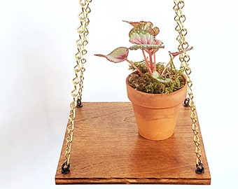 Medium Brown & Brass Hanging Plant Shelf | Wood and chain plant hanger, hanging window planter, air plant holder - 6" x 6" or 8" x 8"