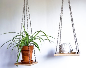 Natural & Silver Hanging Plant Shelf | Wood and chain plant hanger, air plant holder, platform swing shelves | 6" x 6" or 8" x 8"