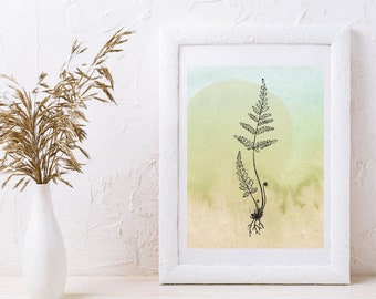 Abstract Pastel Fern Leaves Digital Print, Blue and Green with Sun Watercolor Printable Wall Art | Fern Fronds Download