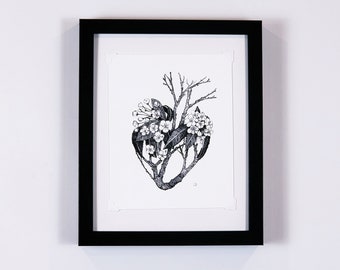 Plum blossom heart anatomy, gallery wall art, vintage nature illustration, maximalist cottagecore decor | Flora & Fauna Collection #3