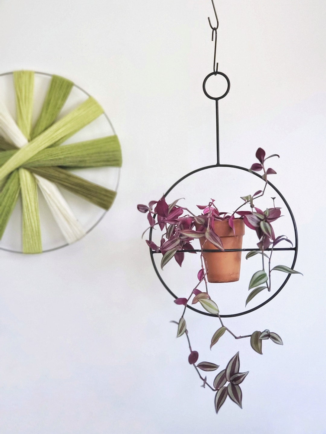 Black Metal Plant Hanger, Large Round Hanging Planter, Midcentury Pot