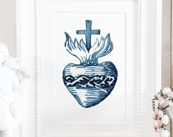Sacred Heart of Jesus Watercolor Print, Dusty Blue Line Art (Digital Download)