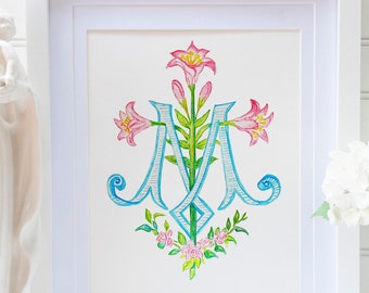 Marian Monogram Physical Art Print | 8x10 Catholic Wall Art | Virgin Mary Watercolor Print | Blessed Mother Decor | Confirmation OCIA Gift