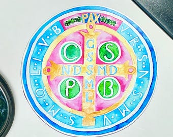 Large St Benedict Medal Car Magnet | 5x8 Catholic Vehicle Magnetic Decal | Colorful Watercolor Catholic Car Van Decor | Saint Benedict Gift