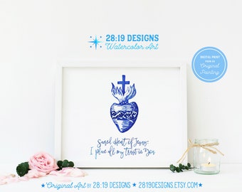 Impressão artística em aquarela do Sagrado Coração de Jesus em azul, arte católica em linha (download digital)