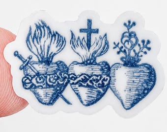 1” Three Holy Hearts Sticker | Sacred Hearts Jesus Mary Joseph | Vintage Blue Catholic Vinyl Decal | Tiny Sticker | Phone Case Air Pods