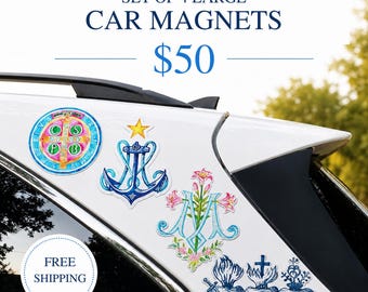 4 Large Catholic Car Magnets Set | Oversized Waterproof Vehicle Magnets Bundle | St. Benedict, Stellamaris, Marian Monogram, Three Hearts