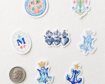 Catholic 1” Mini Stickers Set | Tiny Watercolor Marian Vinyl Stickers for Phone Kindle Journal Water Bottle |  Catholic Gift | Set of 7