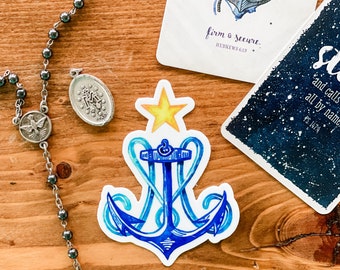 Stellamaris Our Lady Star of the Sea Catholic Magnet: Watercolor Anchor, Marian Monogram, Stella Maris, Mary Magnet, Catholic Gift
