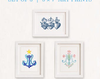 Catholic Wall Art Set of 3 | Mini Gallery Wall | 5x7 Art Prints | Sacred Hearts, Stella Maris & Marian Monogram | Nursery, Baptism Gift