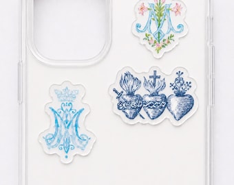 Clear Catholic Mini Sticker Set | 3 Tiny 1" Waterproof Stickers | Three Holy Hearts, Auspice Maria & Floral Marian Monogram | Catholic Gift