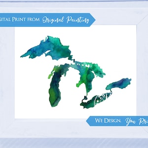 Great Lakes acuarela imprimible Grandes lagos impresión lago superior Lago Michigan Lago Erie Lake Huron Ontario Grandes Lagos Mapa Pared Arte Digital
