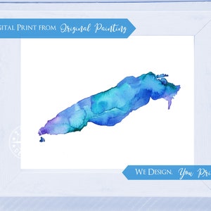 LAKE ERIE Acuarela Imprimible Grandes Lagos Impresión de la Pintura Original Great Lakes Mapa Arte de pared Digital Imprimible Azul Verde Púrpura