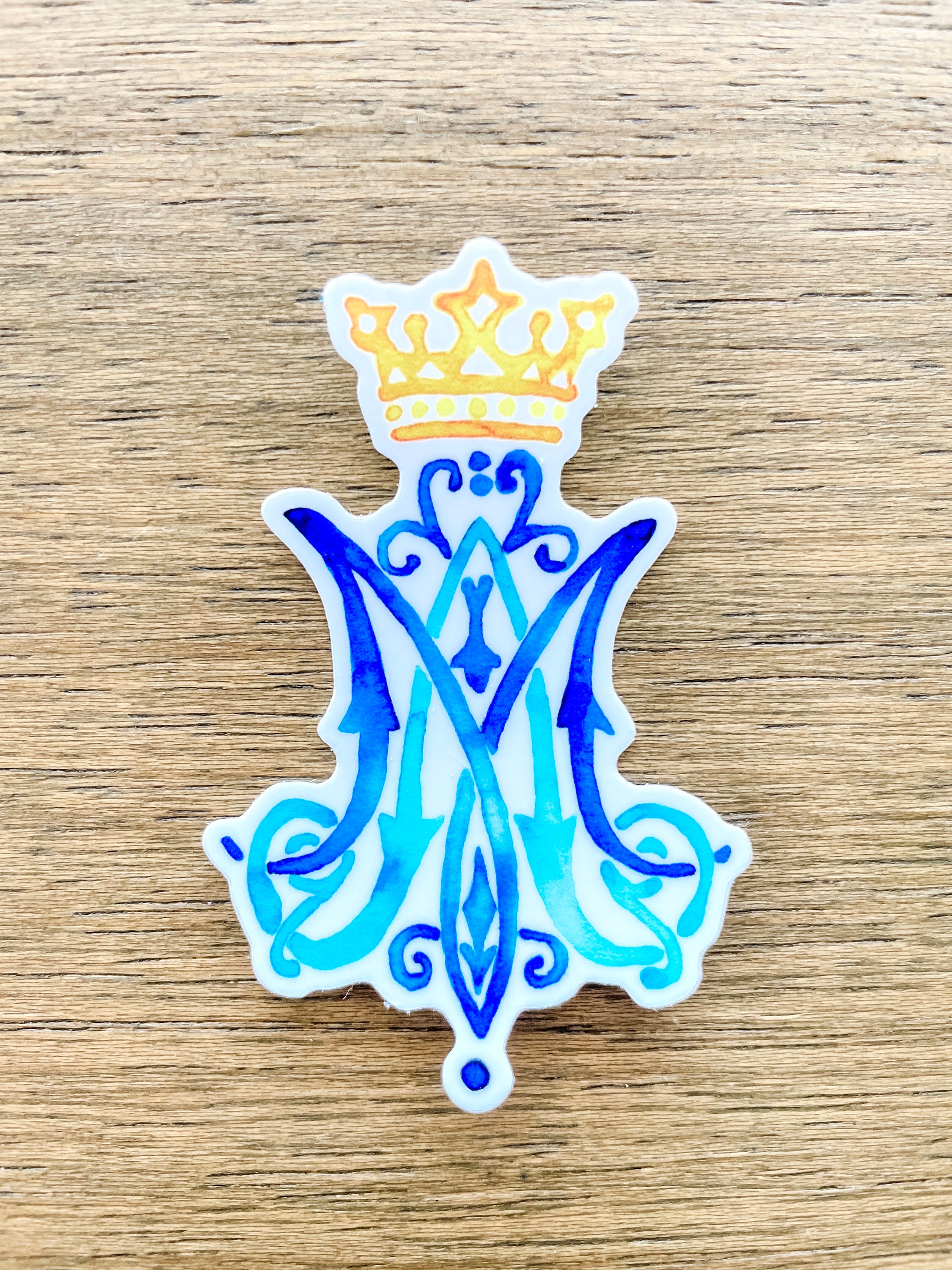 Auspice Maria STICKER Our Lady Mary Marian Monogram Watercolor Water Bottle Laptop Sticker Blue Gold Catholic Blessed Virgin Mary  Saint