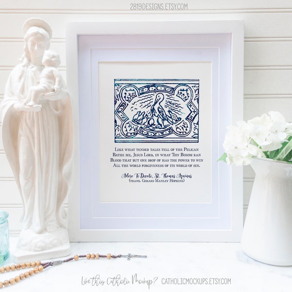 PRINTABLE Aquinas Saint Quotation Blood of Jesus Christ Pelican in Her Piety Eucharist Adoro Te Devote Watercolor Art Print Blue Catholic