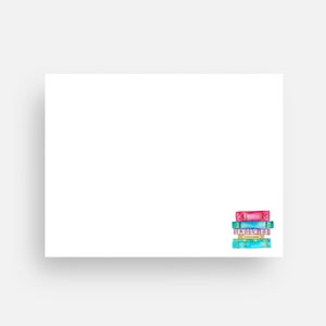 May include: A stack of four books with colorful covers. The top book is pink, the next is blue, the next is yellow, and the bottom book is blue.