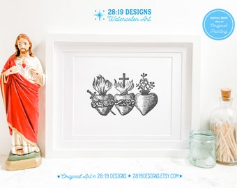 Sacred Hearts of the Holy Family Watercolor Art Print (Digital Download)