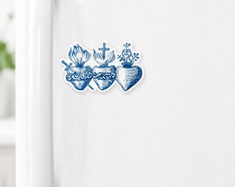Holy Family Hearts Fridge Magnet | Dusty Blue | 2x3” Sacred Heart of Jesus, Immaculate Heart of Mary, Chaste Heart of Joseph | Catholic Gift