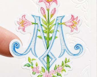 Catholic Mary Sticker Marian M Watercolor Flower Monogram | Floral, Lilies | Catholic Decal | Water Bottles, Phone Cases, Catholic Gift 2x3”