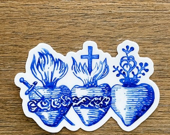 Three Hearts of the Holy Family Sticker: Cobalt Blue Watercolor Catholic Sacred Hearts Art (2x3")