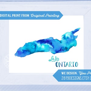 LAKE ONTARIO Watercolor Printable Great Lakes Print Painting Great Lakes Map Wall Art Digital Printable Canada Ontario ON New York Ny