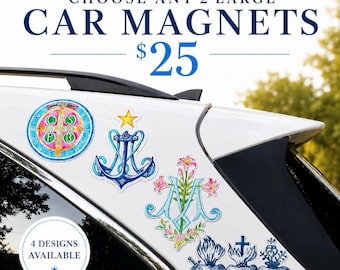 Choose Any 2 Catholic Car Magnets Set | Large Waterproof Vehicle Magnets Bundle | St. Benedict, Stellamaris, Marian Monogram, Three Hearts