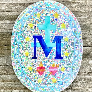 Miraculous Medal GLITTER STICKER Vinyl Water Bottle Laptop Car Van Decal Watercolor Immaculate Sacred Heart Mother Virgin Mary Catholic Art