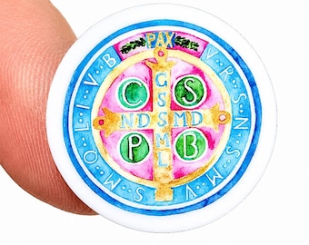 1” St Benedict Medal Mini Phone Case Sticker | Watercolor Catholic Decal | Confirmation Gift, RCIA Gift, AirPods Sticker, Catholic Mom Gift