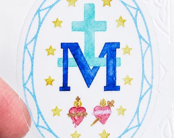 Clear Catholic Miraculous Medal Sticker | Marian Water Bottle Sticker | Catholic Laptop Decal | Blue Catholic Gift for Women