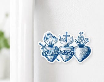 Holy Family Hearts Magnet | Dusty Blue | 2x3” Sacred Heart of Jesus, Immaculate Heart of Mary, Chaste Heart of Joseph Catholic Magnet Gift