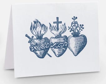 Three Sacred Hearts Note Cards | Dusty Blue Catholic Holy Family | Catholic Greeting Cards, Sacred Heart Stationary, Jesus Notecards (Set)