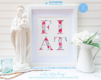 Lámina de arte católico Fiat Lucas 1:38 Decoración floral Fiat de María Lámina católica Que se haga en mí según tu palabra Santísima Virgen María