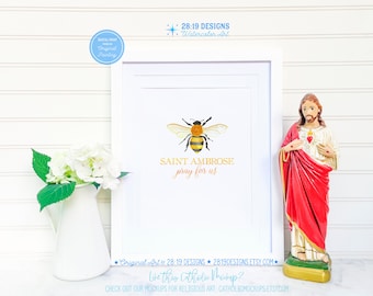 Saint Ambrose Watercolor Print | Saintly Symbols | Patron Saint of Beekeepers (Digital Download)