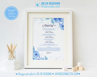 Angelus Print Prayer Watercolor Printable Angel of the Lord Declared Mary Blessed Virgin Blue Flowers Catholic Christian Art DIGITAL PRINT
