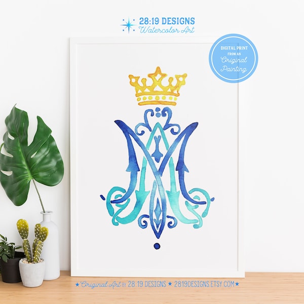 Mary Marian Monogram Watercolor Art Print Blue Gold Crown Auspice Maria Catholic Blessed Virgin Mary Saint Hail Mary Miraculous