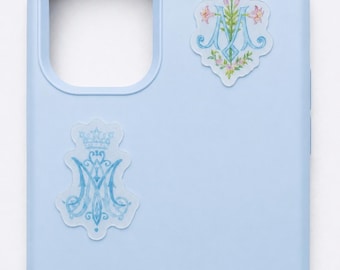 Tiny 1” Clear Catholic Mary Sticker Set |  Marian Sticker Bundle | Auspice Maria & Floral Monogram | Waterproof Vinyl 2 Pack | Our Lady Gift