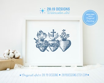Three Sacred Hearts | Holy Family Hearts | Sacred Hearts Jesus, Mary, Joseph Watercolor Catholic Decor, Catholic Art Gift (Physical Print)