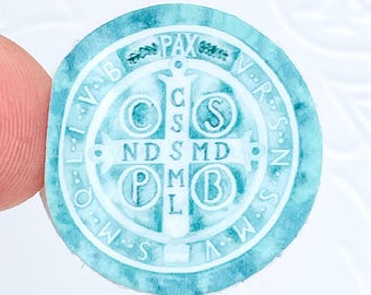 Teal 1” St Benedict Medal Mini Phone Case Catholic Sticker | Watercolor Vinyl Sticker | Confirmation, RCIA, Catholic Dad, Father’s Day Gift